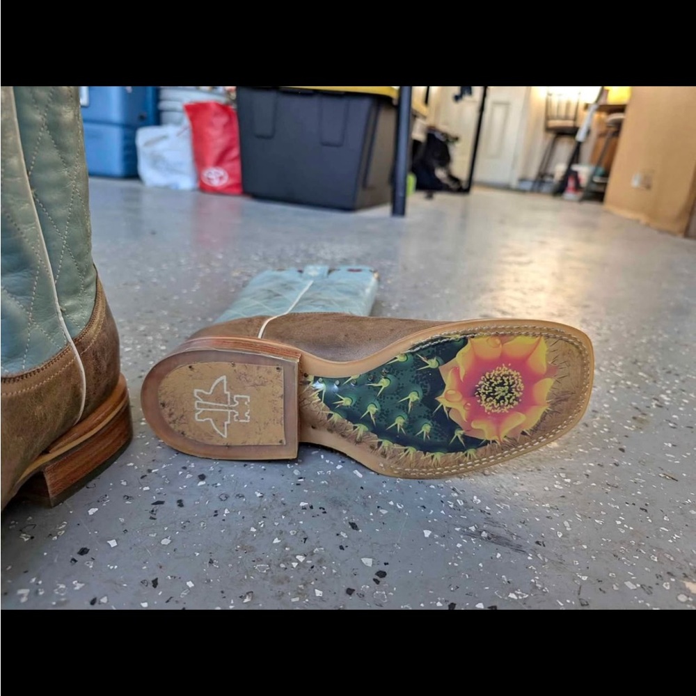 Tin Haul Brown and Blue Heeled Boots with Unique Design